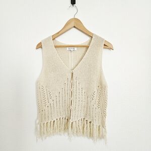 NWOT Crochet Knit Button Front Fringe Vest, Size Medium, Natural Tan